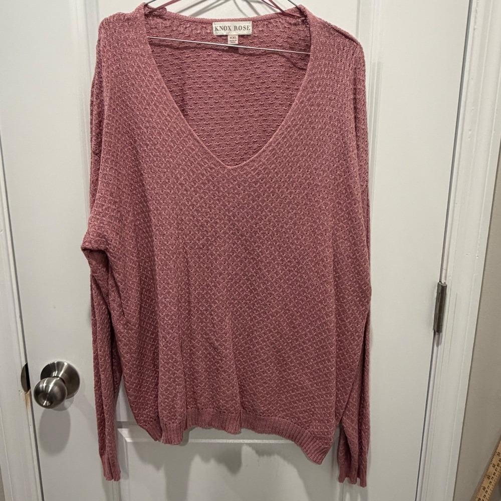 Knox Rose Womens V-Neck Sweater Textured Pointelle Knit Rose Pink XXL